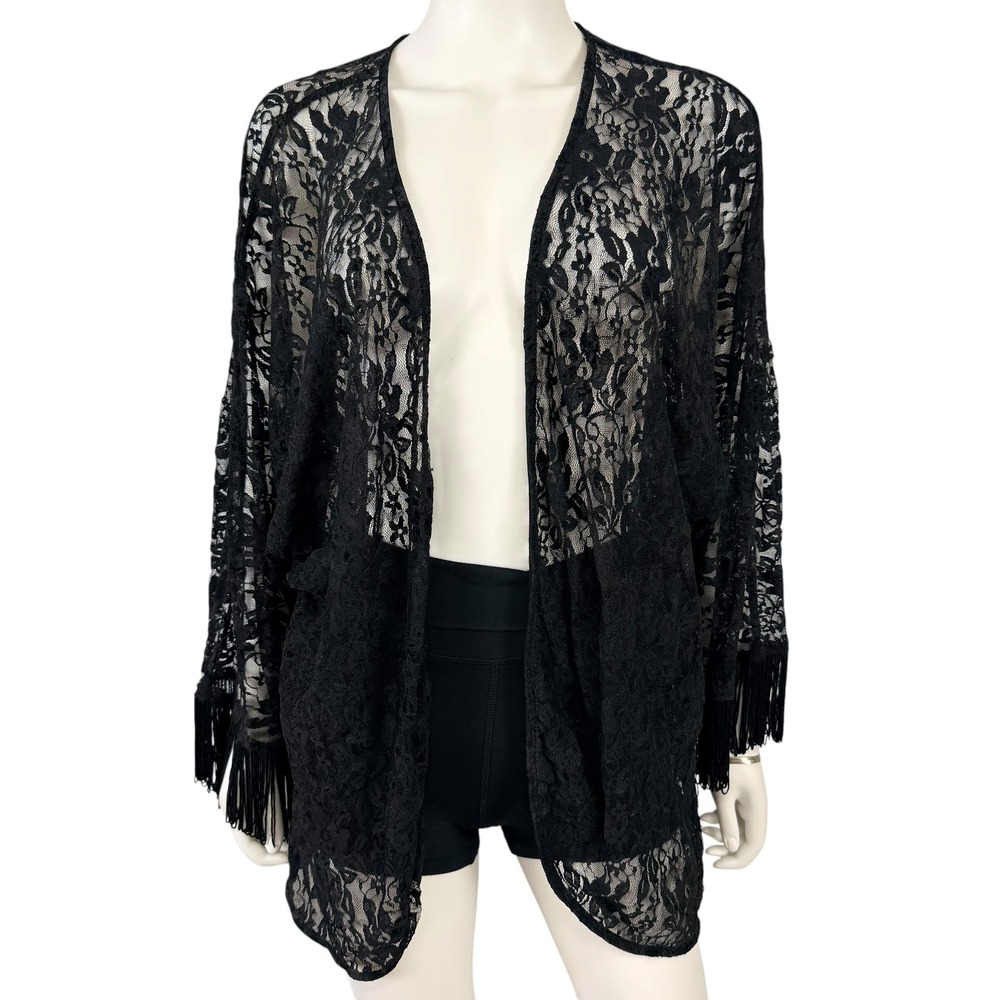 Sheer Floral Lace Fringe Kimono Open Front‎ Cardigan Boho Festival Cover Up L